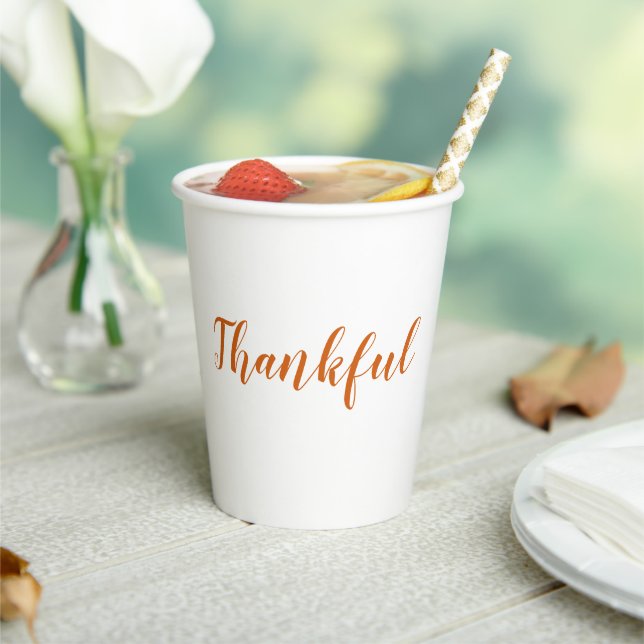 Thankful orange spice script cute thanksgiving paper cups (Insitu)