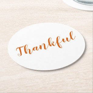 Thankful orange spice script cute thanksgiving round paper coaster