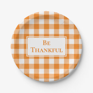 Thankful Orange White Gingham Plaid Thanksgiving Paper Plate