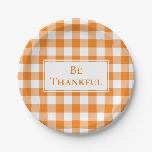 Thankful Orange White Gingham Plaid Thanksgiving Paper Plate (Front)