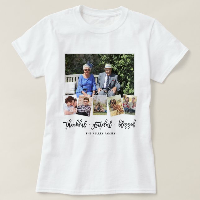 Thankful, Personalized 6 Photo Family Collage T-Shirt (Design Front)