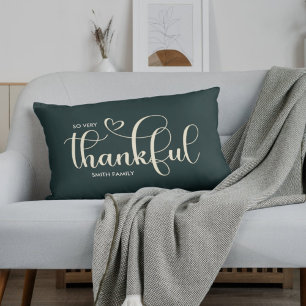 Thankful Personalized Family Name Dark Green Lumbar Pillow