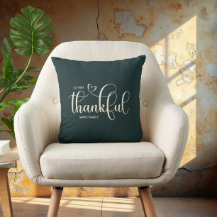 Thankful Personalized Family Name Dark Green Throw Pillow