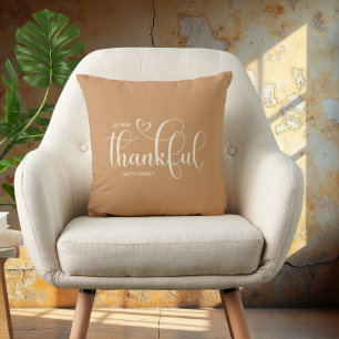 Thankful Personalized Family Name Orange Throw Pillow