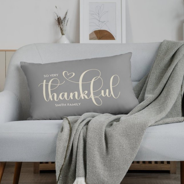 Thankful Personalized Grey Fall Autumn Lumbar Pillow (Creator Uploaded)