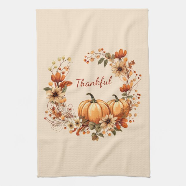 Thankful Pumpkin and Autumn Flowers Wreath Kitchen Towel (Vertical)