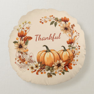 Thankful Pumpkin and Autumn Flowers Wreath Round Pillow