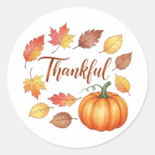 Thankful Pumpkin & Autumn Leaves Classic Round Sticker