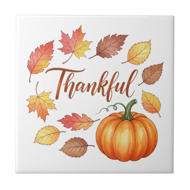 Thankful Pumpkin & Autumn Leaves Tile (Front)