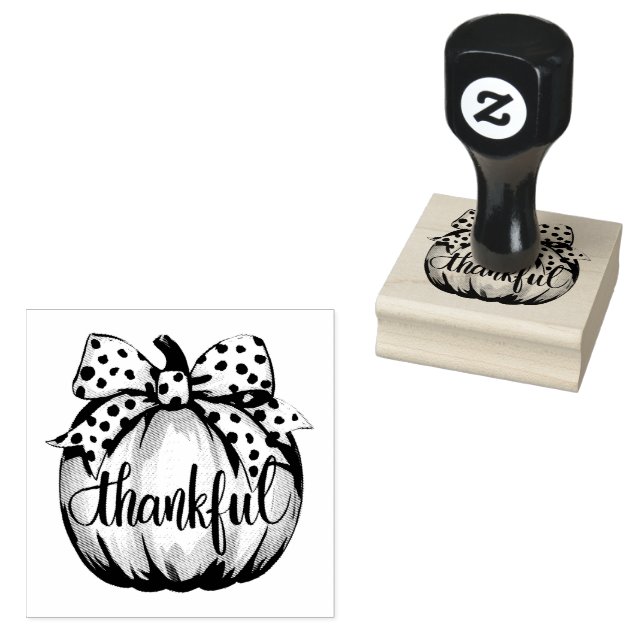 Thankful Pumpkin with Polka Dot Bow  Rubber Stamp (Stamped)