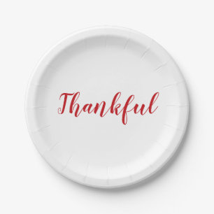 Thankful red and white script cute thanksgiving paper plate