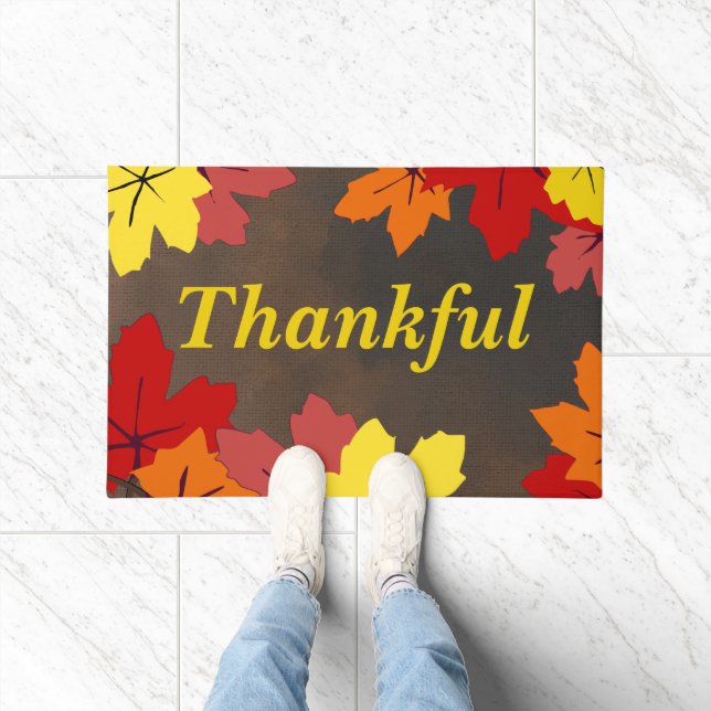 Thankful Red Orange Yellow Maple Tree Leaves Brown Doormat (Indoor)