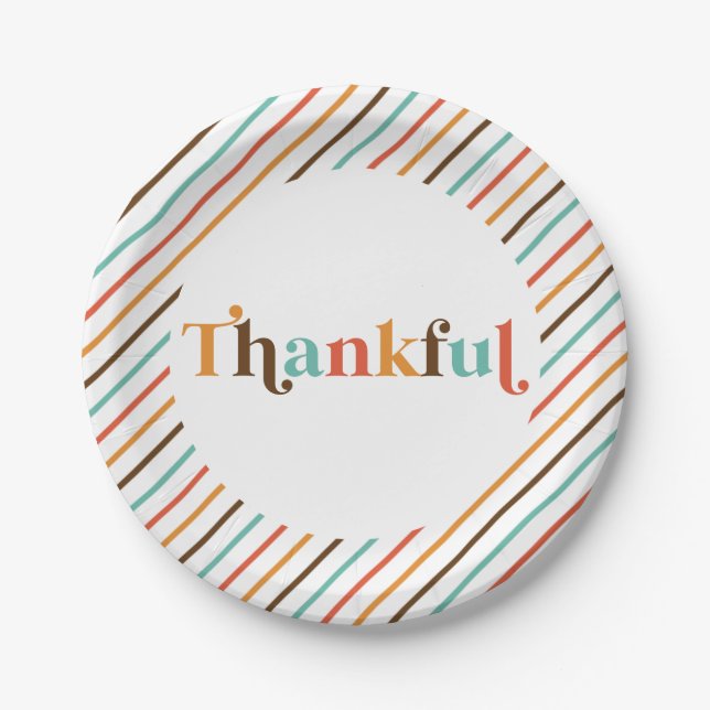 Thankful Retro Font Thanksgiving Paper Plate (Front)