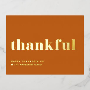 Thankful Retro Typography Orange Thanksgiving Foil Holiday Postcard
