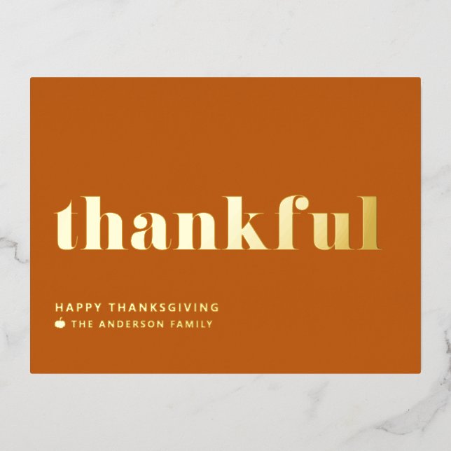Thankful Retro Typography Orange Thanksgiving Foil Holiday Postcard (Front)