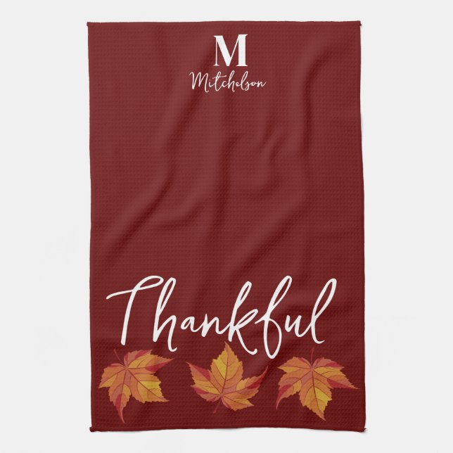 Thankful Rustic Orange Fall Leaves Kitchen Towel (Vertical)