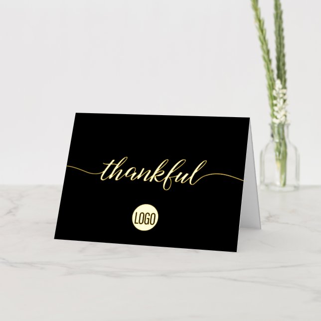 Thankful Script Custom Black Gold logo Business Foil Greeting Card (Flower)