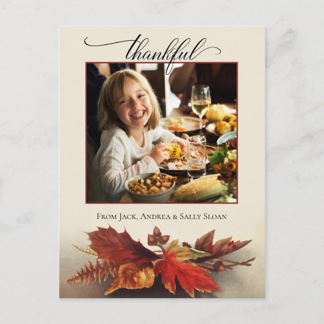 Thankful Script Fall Foliage Thanksgiving Photo Postcard (Front)