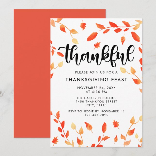 Thankful Script Fall Foliage Watercolor Leaves Invitation (Front/Back)