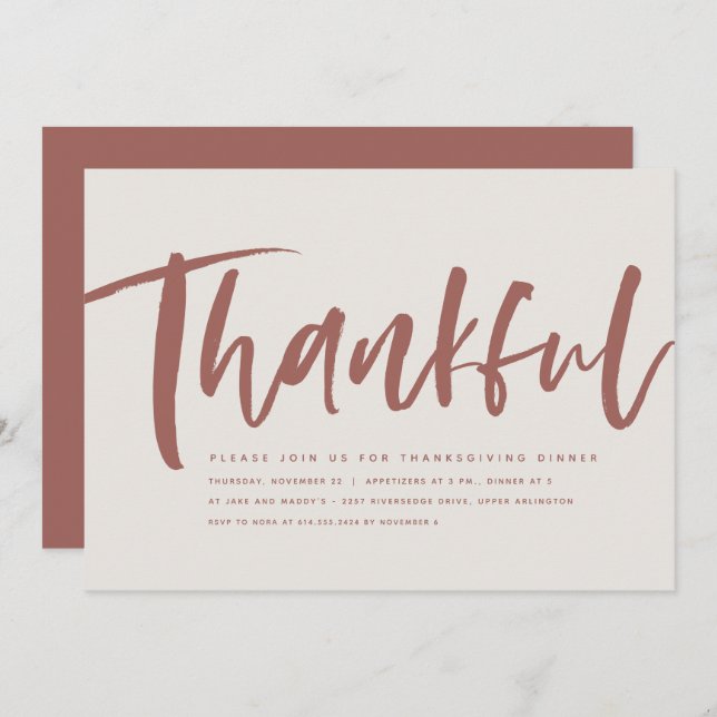 Thankful script mauve Thanksgiving invitation (Front/Back)