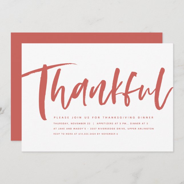 Thankful script modern orange Thanksgiving Invitation (Front/Back)