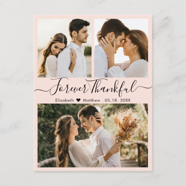 Thankful Script Photo Collage Wedding Thank You Postcard (Front)