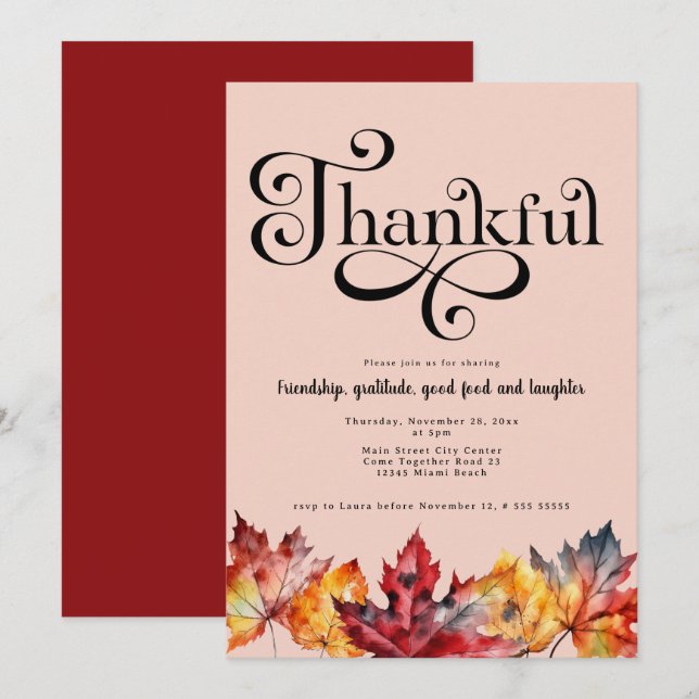 Thankful Script Watercolor leaves Blush red Invitation (Front/Back)