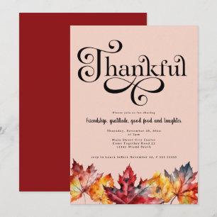 Thankful Script Watercolor leaves Blush red Invitation