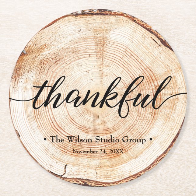Thankful Script Wood Slice Rustic Corporate  Round Paper Coaster (Front)