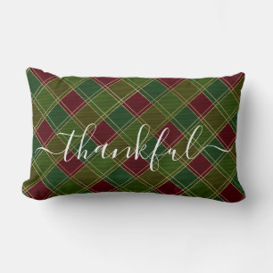Thankful Season Thanksgiving Red Green Plaid Lumbar Pillow