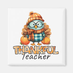 Thankful Teacher  Autumn Owl with Pumpkins & Plaid Magnet