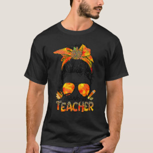 Thankful Teacher Leopard Messy Bun Autumn Thanksgi T-Shirt