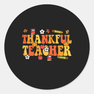 Thankful Teacher Retro Groovy Thanksgiving Fall Wo Classic Round Sticker