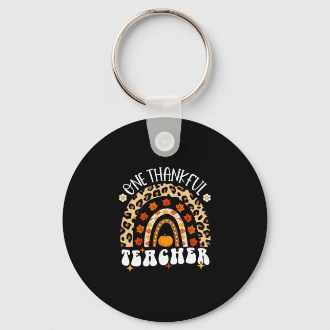 Thankful Teacher Thanksgiving Rainbow Leopard Fall Keychain (Front)