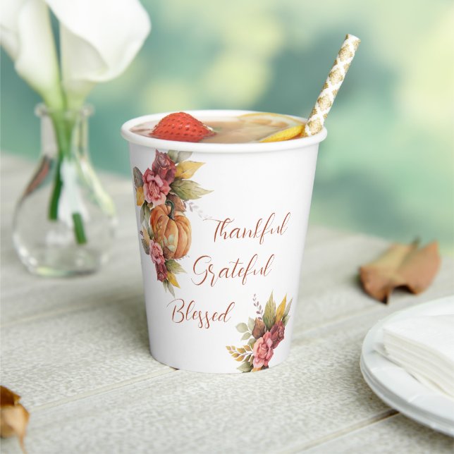 Thankful Thanksgiving Autumn Orange Pumpkin Paper Cups (Insitu)
