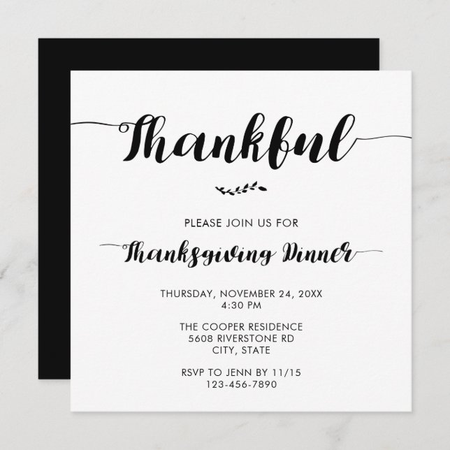 Thankful Thanksgiving Dinner Elegant Simple Script Invitation (Front/Back)