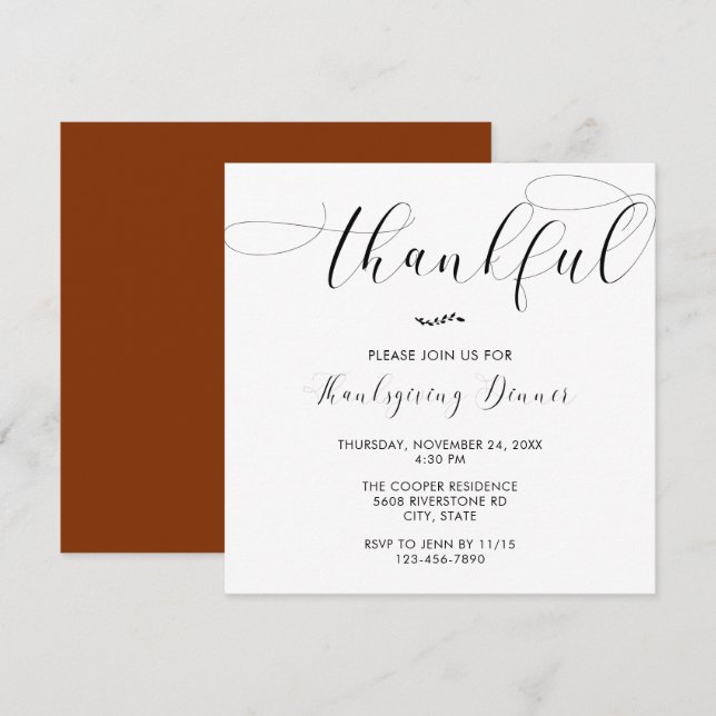 Thankful Thanksgiving Dinner Elegant Simple Script Invitation (Front/Back)