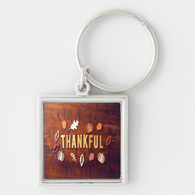 Thankful Thanksgiving Fall Leaves Pumpkin Keychain (Front)