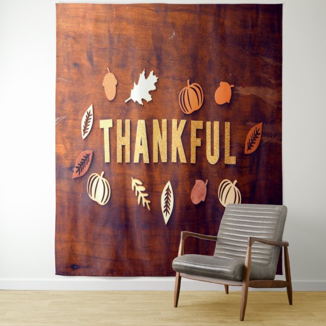 Thankful Thanksgiving Fall Leaves Pumpkin Tapestry (In Situ)