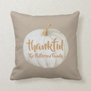 Thankful Thanksgiving Family Name pumpkin Throw Pillow