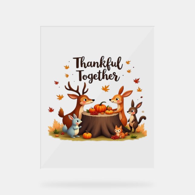 Thankful Together – Cute Woodland Animals Thanksgi Acrylic Sign (Front)