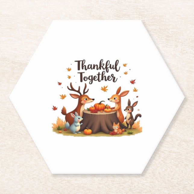Thankful Together – Cute Woodland Animals Thanksgi Paper Coaster (Front)