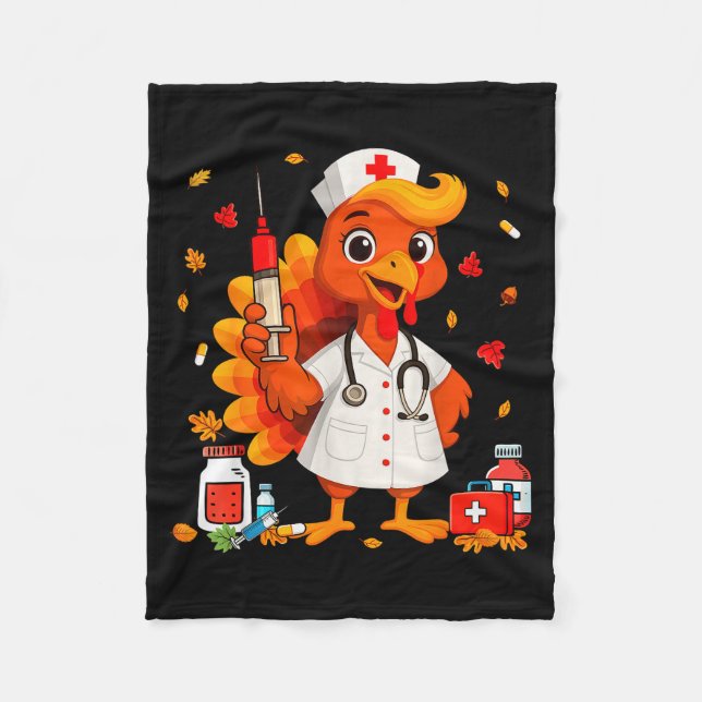 Thankful Turkey Funny Scrub Nurse Fall Thanksgivin Fleece Blanket (Front)