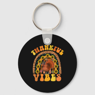THANKFUL VIBES Rainbow Turkey Fall Retro Groovy Th Keychain