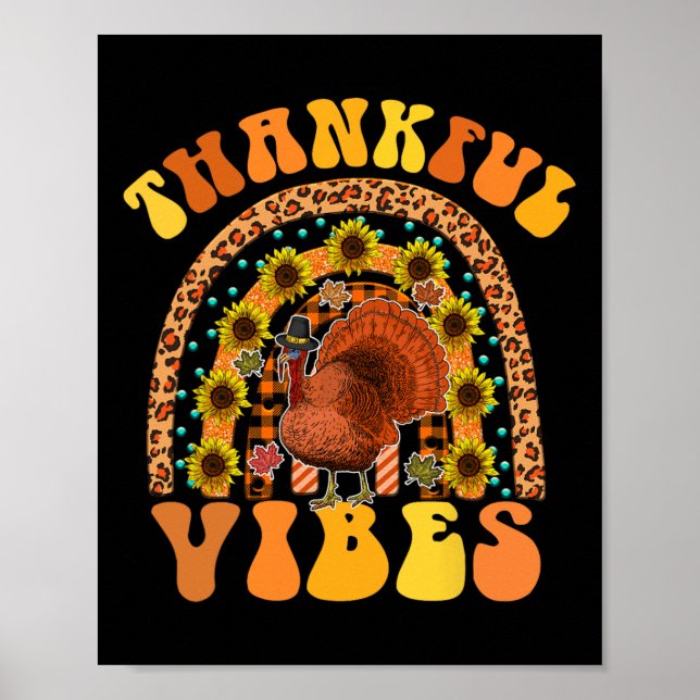 THANKFUL VIBES Rainbow Turkey Fall Retro Groovy Th Poster (Front)