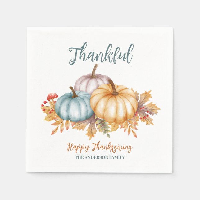 Thankful watercolor pumpkins Happy Thanksgiving Napkin (Front)
