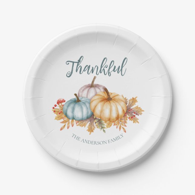 Thankful watercolor pumpkins Thanksgiving party Paper Plate (Front)