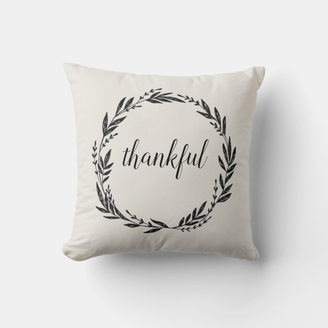 Thankful Wreath Script Throw Pillow (Front)