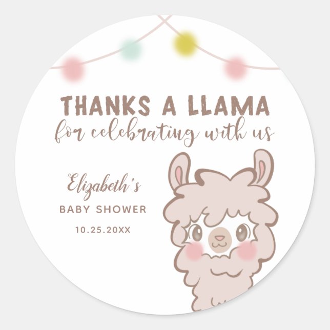 Thanks A Llama Baby Shower Favour Classic Round Sticker (Front)