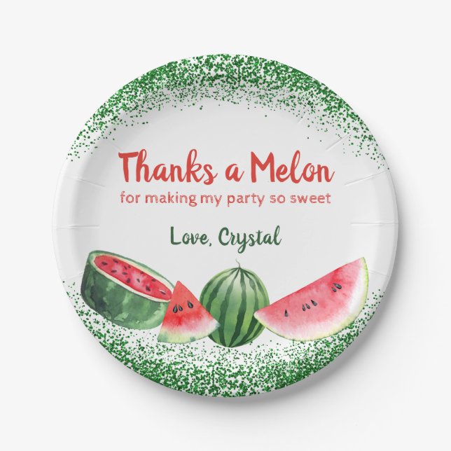 Thanks a Melon Sweet Watermelon Birthday Paper Plate (Front)